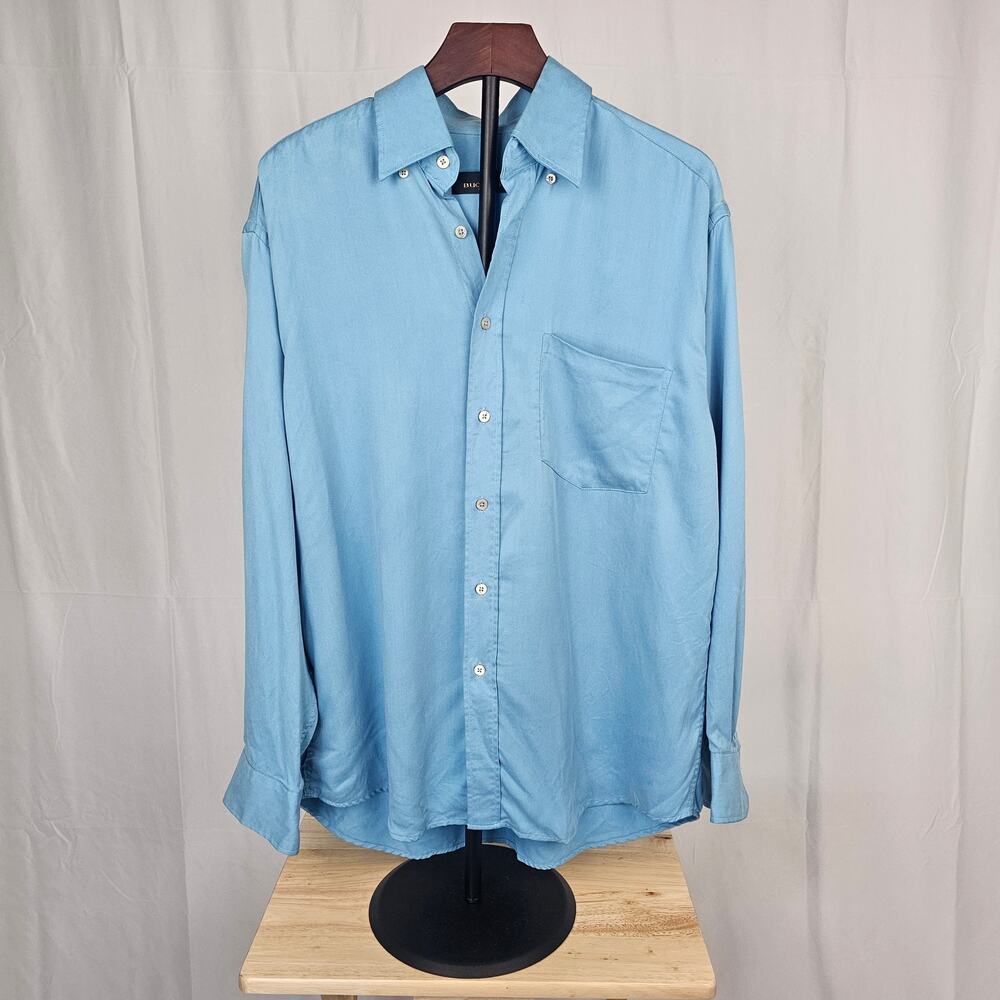 Bugatchi Uomo Button Down Shirt Blue Rayon Blend Size M Y2K Vintage Korea